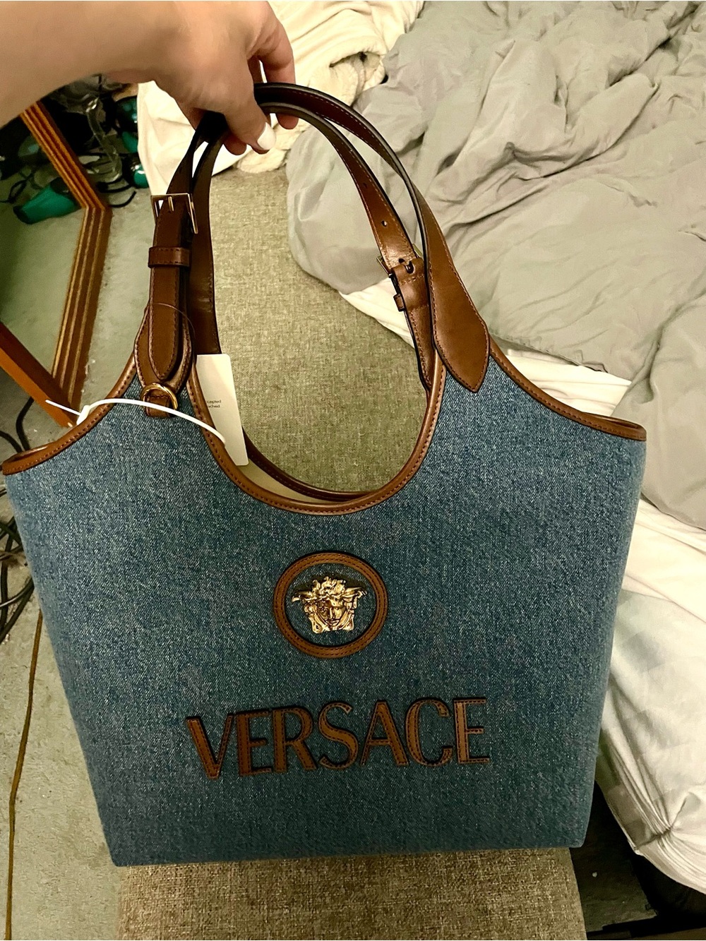 NWT Authentic Versace La Medusa Denim Tote Bag with Brown Leather Trim